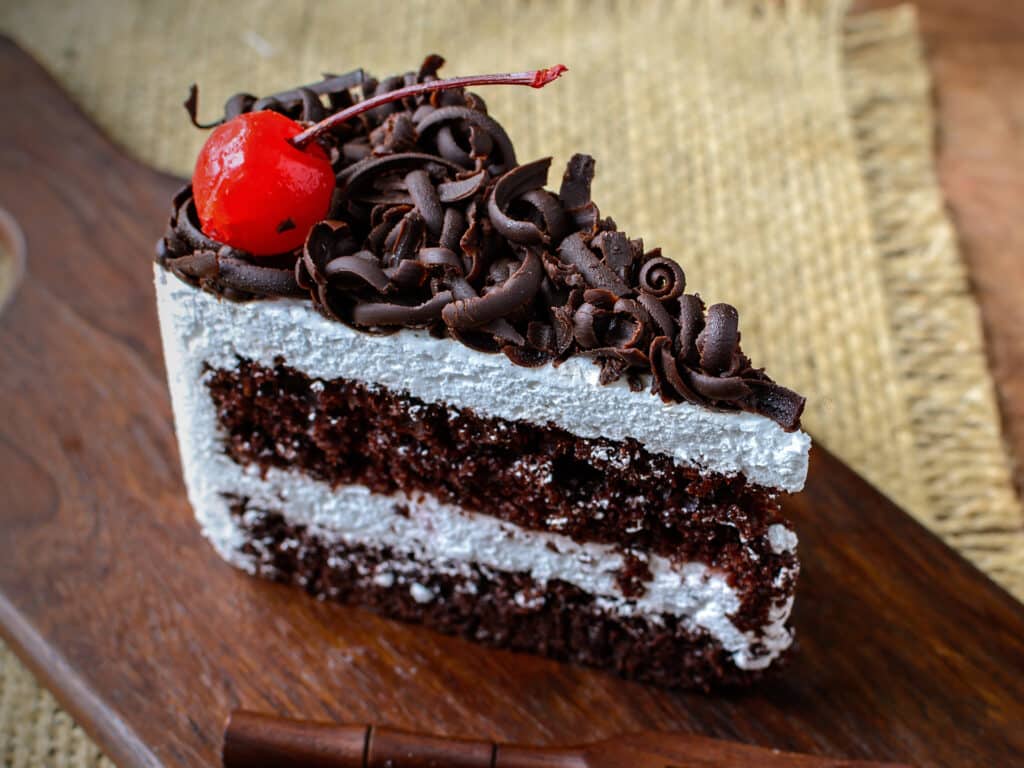 Black Forest, Chocolate cake on wooden table