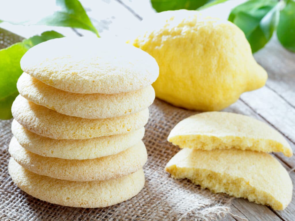 Homemade bakery products: stack of shortbread cookies with lemon flavor.