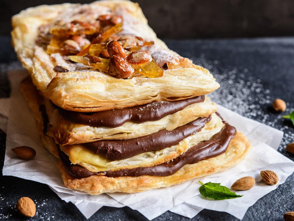 Mille-feuille with chocolate cream and caramelized almond topping