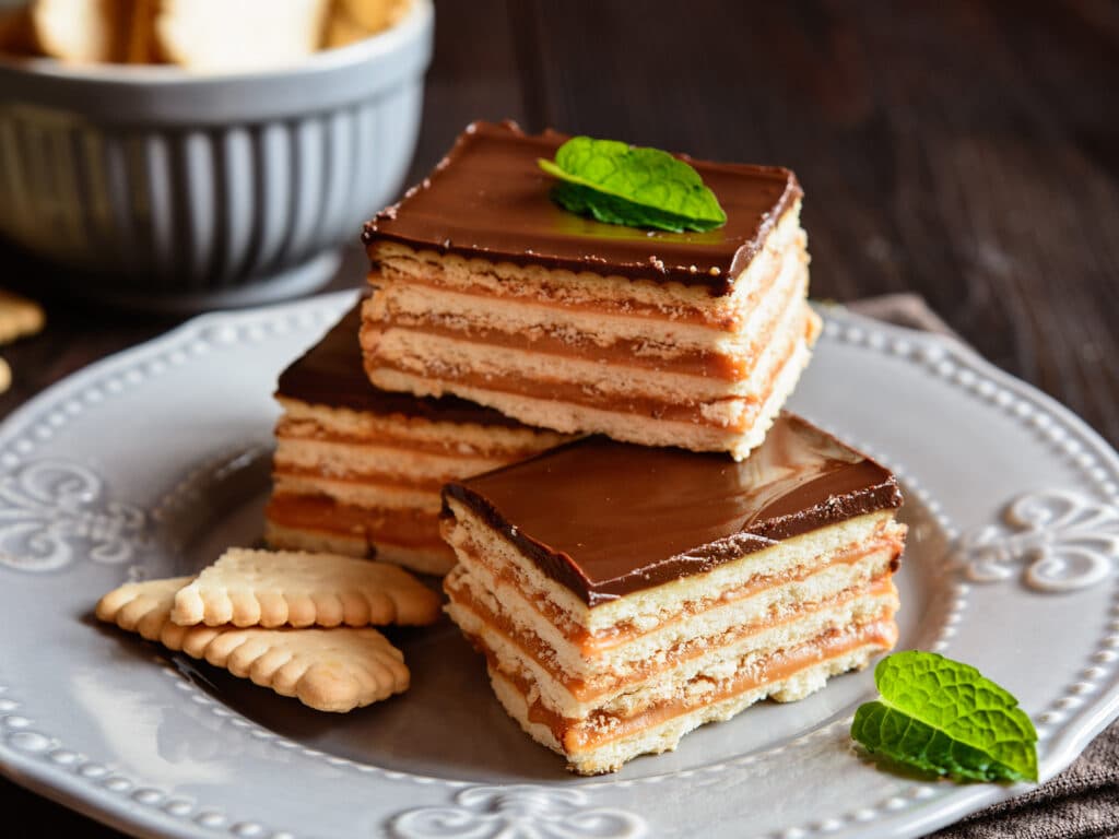 Caramel and chocolate layered cracker toffee bars