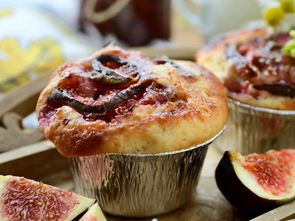 Homemade muffins with pieces of fig